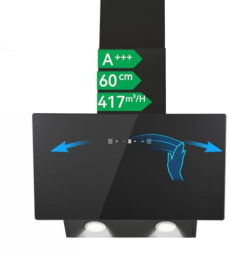 CAZACHEF 60 cm Dunstabzugshaube A+++ Schräghaube, 416 m³/h, 58 dB Leise, 3 Stufen + Boost, Touch- & Gestensteuerung, Abluft/Umluft, inkl. 2× Aktivkohlefilter, LED, Schwarz