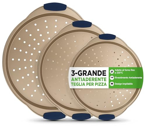 Nutrichef Set 3 Teglie da Forno per Pizza con Manici in Silicone, Teglie Forno Antiaderenti e con Fori Perforati, Acciaio al Carbonio, Formati Piccolo, Medio e Grande, Oro