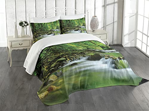 ABAKUHAUS Regenwald Tagesdecke Set, Tropic Gebirgsbach, Set mit Kissenbezug Sommerdecke, für Einzelbetten 170 x 220 cm,Grün braun