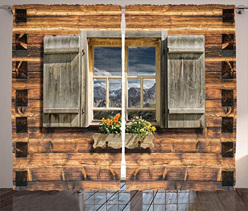 ABAKUHAUS Rustikal Rustikaler Vorhang, Blick vom Berghütte, Wohnzimmer Universalband Gardinen mit Schlaufen und Haken, 280 x 175 cm, Braun Kakao