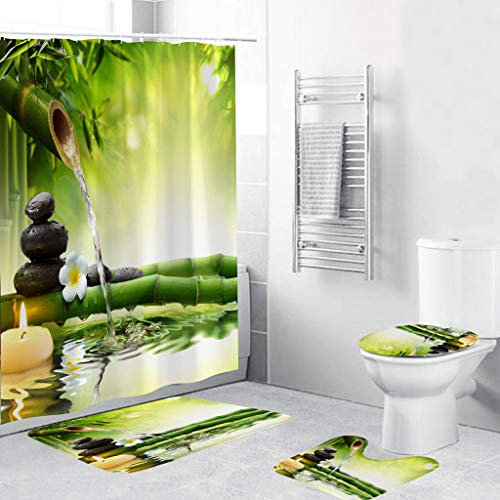 Xmansky Duschvorhang Badezimmermatten-Set 4tlg,Grüne Strandhütten Badematten rutschfeste badematte Bad küche Carpet fußmatten Decor Teppich,Machen Sie Ihr Badezimmer lebendiger