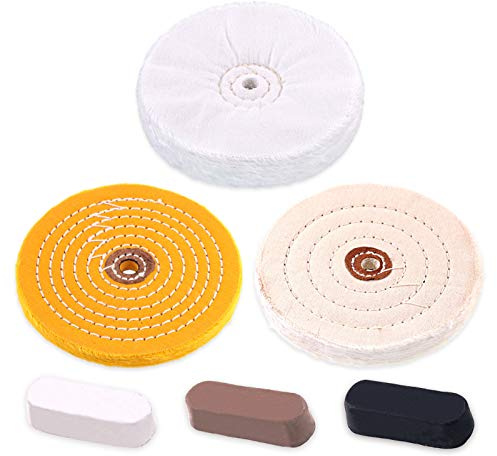 Rustark Kit de 6 composés de polissage avec 3 roues de polissage assorties dont Black Emery, Brown Tripoli, White Diamond, Yellow (30 Ply) Flanelle (30 Ply), Coton (40 Plis) pour le polissage