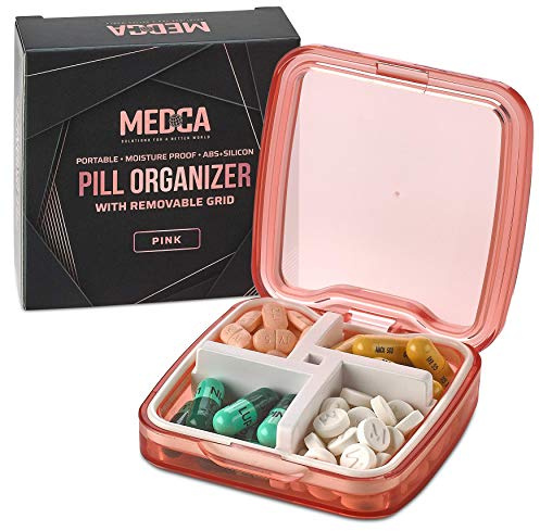 Kompakte Pillendose – tragbarer, wasserdichter Medikamenten-Organizer und tägliche Pillendose mit herausnehmbarem 4 Fächern – strapazierfähiges ABS-Silikon-Pillendose für Taschen und Geldbörse, Pink