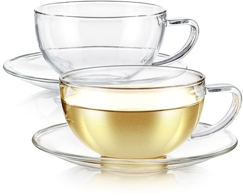 Teabloom Kyoto Teacup and Saucer Set 2-Pack – Standard Teacup Size – 6 OZ/ 180 ML Capacity – Crystal Clear Design –– Premium Borosilicate Glass – Heat Resistant, Microwave Safe