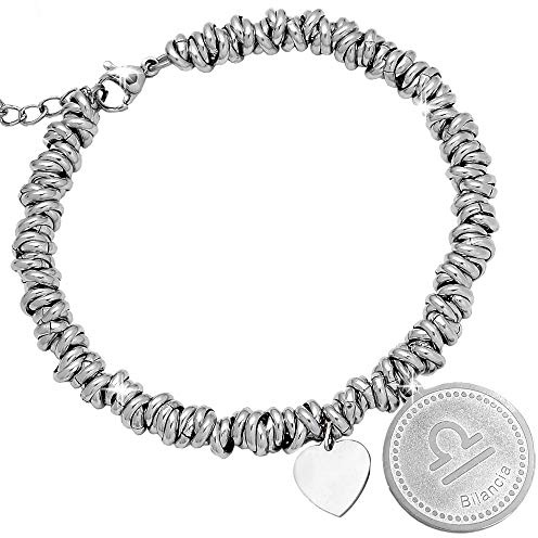 Beloved Bracciale da donna, braccialetto in acciaio zodiaco con nodini - Segno zodiacale in rilievo 3d lucido - Base ciondolo pendente satinata - Misura regolabile con moschettone (Bilancia)