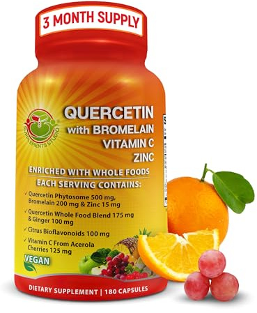 Quercetin with Bromelain – Quercetin Phytosome 500 mg High Absorption Supplement – Immune Support with Vitamin C, Zinc, Ginger & Citrus Bioflavonoids – Organic Whole Food Blend – 180 Capsules
