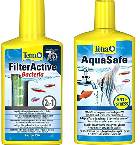 Tetra FilterActive 250 ml Contiene bacterias iniciadoras vivas y bacterias limpiadoras Reductoras de Lodo + AquaSafe 500 ml Agua del Grifo Segura para los Peces