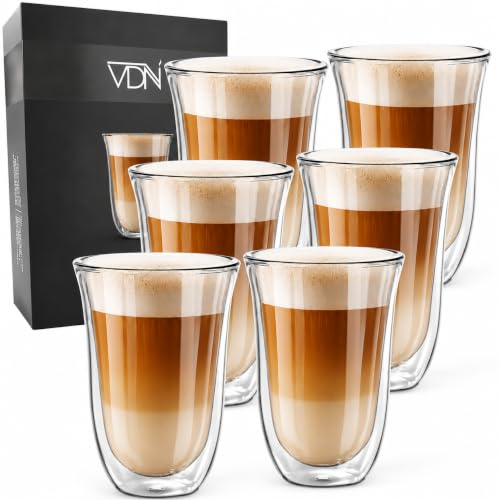 VDN Doppelwandige Kaffeegläser - Latte Macchiato Gläser [300ML] - Doppelwandige Gläser [Thermo, für Heiß und Kalt] - Ideal als Eiskaffee-, Teegläser oder als Trinkglas - 6er Set