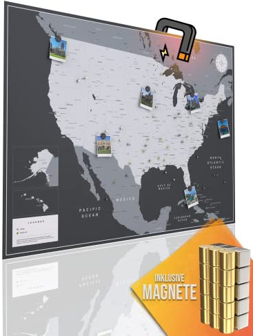 Vacentures Magnetische Pinnwand USA-Karte XXL inkl. 2 x 15 magnetische Pins I Markiere Deine Reiseziele I Sammel Fotos und Magnete I Magnet Poster - USA map (XXL (119x84cm))