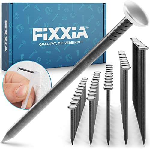 FIXXIA 50 Stahlnägel mit silberfarben Kopf gemischte Längen 20/25/30/40/50mm, Bildernägel, Nägel zum Bilder aufhängen, Bildaufhänger, Betonnägel, Aufhänger für Bilder (mit Einschlaghilfe)