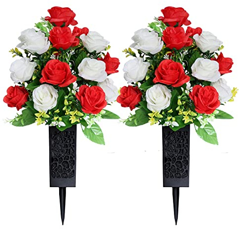 LVXINLI Zwei künstliche Friedhof-Blume mit Vase, verwendet für die Grabstein-Dekoration des Grabes und der Gedenkhalle, die Vase mit Drainageloch, Lange Nägel im Freien (rot und weiß)