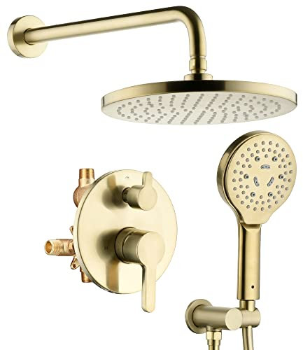 Lavatrum Brushed Gold Shower Faucet Set with Valve 10 Inches High Pressure Shower Head Combo Set Wall Mount Rain Shower Head System with 6 Function Handheld