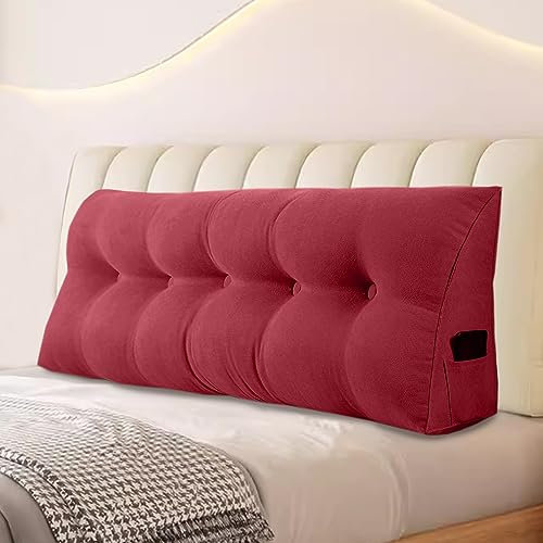 WUIOYNF Rückenkissen, Keilkissen kopfteil Gepolstert Lesekissenfür Bett und Sofa geeignet, Kissen Großes Wandkissen mit abnehmbarem und waschbarem Bezug, mit Seitentaschen (Weinrot 200 * 20 * 50cm)