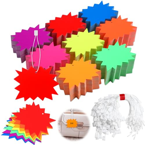 Harloon 1000 Sets Price Tags with String 2.8 x 3.5 Inch Starburst Price Tags Paper Writable Blank Fluorescent Hang Label with Snap Pin Loop Fastener Nylon Strings for Retail Store Clothing