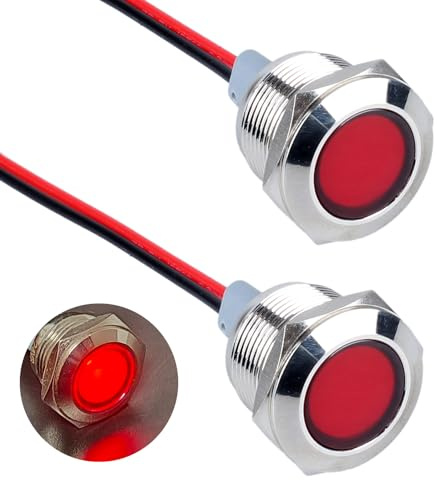 DMWD 2PCS 19mm LED Metal Indicator Light Mounting Hole 3/4, 12-24V AC/DC 20mA Waterproof IP67 Single lamp LED Pilot Lamp Flat Head with 20cm/7.87in. Wire for Car Truck Boat(Red LED)