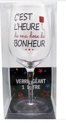 VERRE À VIN GÉANT - 1 LITRE - C'EST L'HEURE DE MA DOSE DE BONHEUR