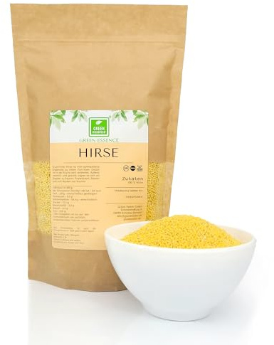 Hirsegrütze 1kg Goldhirse Grütze ganzes Hirse Korn von Green Essence | Hirsekorn Grieß, Grütze als Dessert zum Frühstück und Mittagessen, gelbe Körner fein mit nussigen Geschmack, Gelb Hirse 1 kg