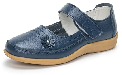 Rusffes Womens Leather Mary Jane Shoes Ladies Wide Fit Flat Shoes Casual Work Office Nurse Shoes Navy 7uk