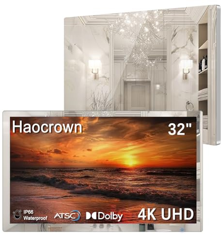 Haocrown 32 4K Ultra HD Smart Bathroom Mirror TV, IP66 Waterproof, Android 13 OS Built-in Voice Assistant (Remote with Mic), ATSC Tuner, 500 cd/㎡ High Brightness (Sliver Frame, 2025 Model)