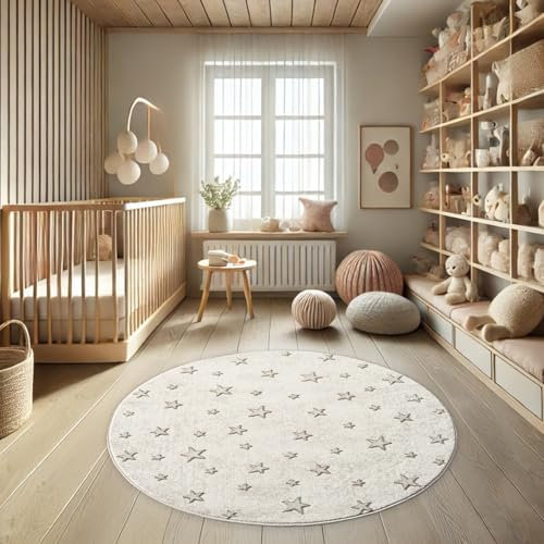 payé Teppich Kinderzimmer Rund - 120x120cm - Pastell Beige Creme - Kurzflor Spielteppich mit Sternen Motiv
