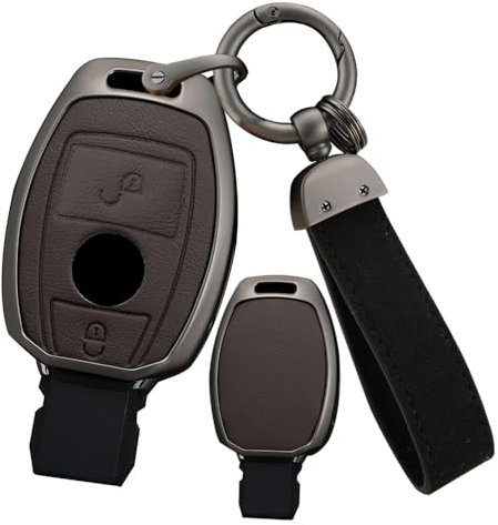ontto Autoschlüssel Hülle Etui Passt für Mercedes A B C E Klasse GLA GLK GLC CLS CLA AMG W204 W205 W212 W463 W176 Zinklegierung Leder Schutzhülle Schlüsselcover Schlüsselanhänger-2 Tasten Braun