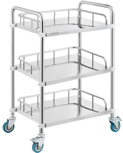 VEVOR Labor-Rollwagen, Rollwagen aus Edelstahl mit 3 Ablagen, Labor-Servierwagen mit Lenkrollen, Servierwagen Dentalwagen für Klinik, Labor, Krankenhaus, Salon, 670 x 395 x 867 mm