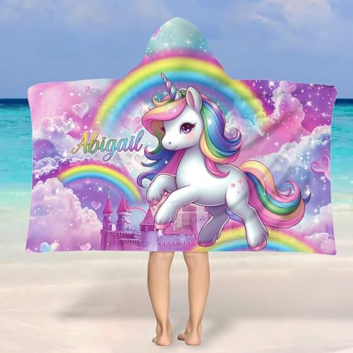 Shujin Personalisiertes Kinder Strandtuch Mikrofaser Badetuch Badeponcho mit Namen Kapuzenhandtuch Strandtücher Weich Süß Handtuch für Jungen und Mädchen 3-10 Jahre,Einhorn,76 * 127cm