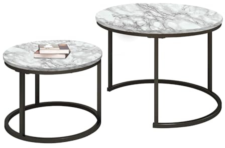 SG Traders Round Nesting Coffee Table Set - Wooden Nest of Tables, Stackable Round Coffee Table for Living Room, Industrial, Stylish Nested Tables - Set of 2 (White Marble Effect)
