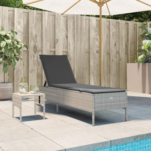 LAPOOH Sonnenliege mit Tisch und Auflage Hellgrau Poly Rattan, Gartenliege, Liegestuhl, Sonnenstuhl, Sonneninsel Outdoor, Liegen, Gartenmöbel, Bäderliege, Relaxliege - 4002733