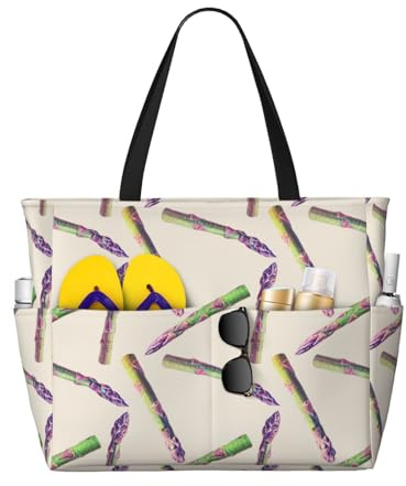 Buewutiry Grand sac de plage résistant à l'eau et au sable – Imprimé asperges mignon et hilarant pour femme avec fermeture éclair
