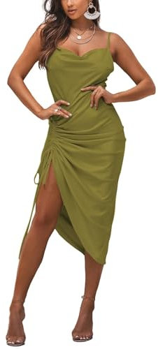 AJMDGW Robes mi-Longues en Satin à Bretelles Spaghetti et col bénitier for Femme(Olive Green,L)