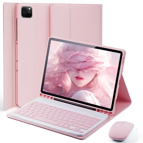 Per iPad Air 13 Pollici (M2-2024, M3-2025) con Tastiera Italiano (QWERTY), custodia per iPad Pro 12,9 Pollici (6a, 5a, 4a, 3a Generazione)con Tastiera, Portapenne e Mouse Integrati, Rosa Keyboard Case