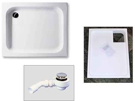 KOMPLETT-PAKET: Duschwanne tief 15cm weiß Acryl + Styroporträger/Wannenträger + Ablaufgarnitur chrom DN 52 / Gesamthöhe ca. 26cm; verschiedene Größen/Deutscher Hersteller (weiß, 90 x 80 cm)