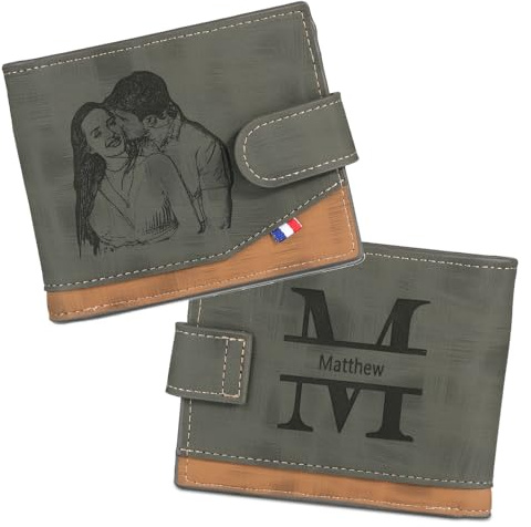 lorajewel Personalisierte Geldbörsen für Männer Gravierte Herren Geldbörsen mit Foto Name Alphabet Leder Karte Brieftasche mit Münzfach Geschenke für Ihn Papa Ehemann Freund (C)