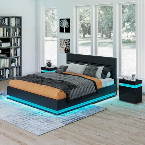 Komtopod Ottoman Bed with Faux Leather, 4FT6 Double Gas Lift Up Bed Frame with Underbed Storage, LED-Light Strips, Black Bed Frame for Bedroom Home (No Mattress)