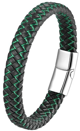 Mochity Bracelet Cuir Homme Et Acier Inoxydable, 21cm Bracelet Tressé pour Homme, Simple Bracelets Noir Marron Bleu Vert Rouge Blanc, Bijoux Cadeau Pour Hommes Papa, Avec Boîte