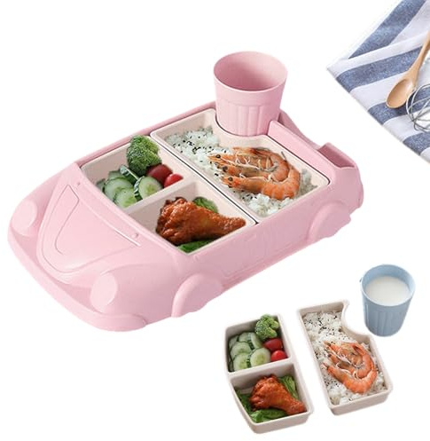 Ensemble d'assiettes en forme de voiture pour cuisine et table à manger, plateau en fibre plastique pour garçons et filles avec assiettes séparées, couverts, tasse à eau (rose clair)