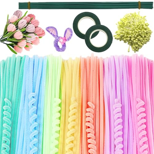 YSYONBOE 300 Piezas Limpiapipas Manualidades, 7 Colores Macaron Limpiador de pipas para Manualidades y Decoración, con tallo de flor, centro de flor y cinta verde