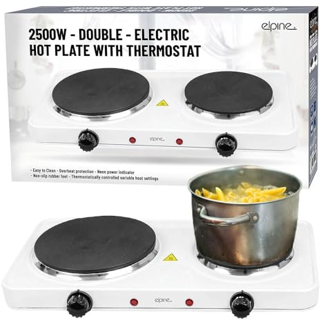 2500w Electric Double Hot Plate with Thermostat - Table Top Portable Hob Plate | Ideal for Camping, Caravans, Travelling | Overheat Protection, Non-Slip Rubber Feet, Neon Power Indicator - White