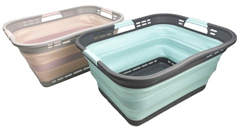 SAMMART 2er-Set zusammenklappbarer Aufbewahrungskörbe aus Kunststoff – faltbarer Pop-Up-Aufbewahrungsbehälter – tragbarer Wäsche-Organizer – platzsparender Wäschekorb (Rosa+Seegrün, 42L (Stil A))