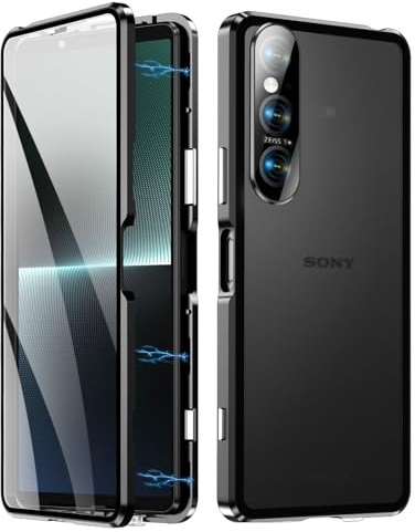Fodral kompatibel för Sony Xperia 1 VII, magnetisk adsorption metall stötfångarram med transparent härdat glasskärm fram och bak, 360 graders skyddsfodral, kameralinsskydd, svart