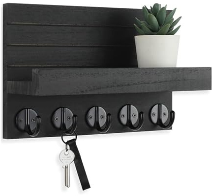 Homeily Holz Schlüsselboard mit Ablage & 5 Haken, Wandmontierter Schlüsselhalter für Eingang, Flur & Küche, Rustikaler Schlüsselorganizer für Schlüssel, Post, Dekoration. (Schwarz)