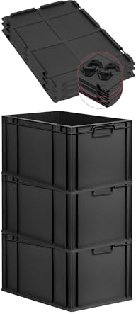 PROREGAL SuperSparSet 3x Eurobox NextGen Grip mit Auflagedeckel & 4 schwarzen Schiebeschnappverschlüssen, HxBxT 32x40x60cm, 65L, Schwarz, Griffe zu, Eurobehälter, Transportbox, Transportbehälter