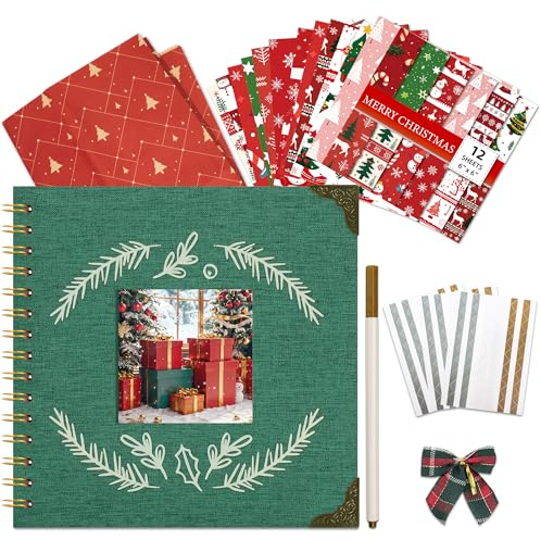Vienrose Álbum de Recortes Navideño 20,5 x 20,5 cm, Álbum de Fotos Scrapbook DIY Tapa Lino, Papel Kraft 20 Hojas 40 Páginas, Libro Recuerdos con Ventana Cuadrada para Familia, Bodas y Viajes, Verde