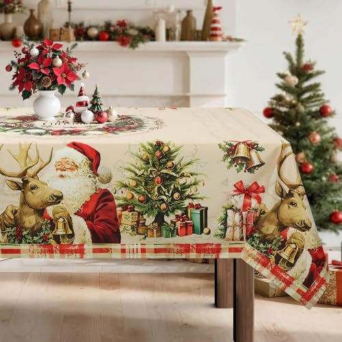 hometrixx Christmas Tablecloth 150x220 Inch Flannel Fabric with Santa Reindeer Bells Print – Non-Slip Clamp Holiday Dining Decor