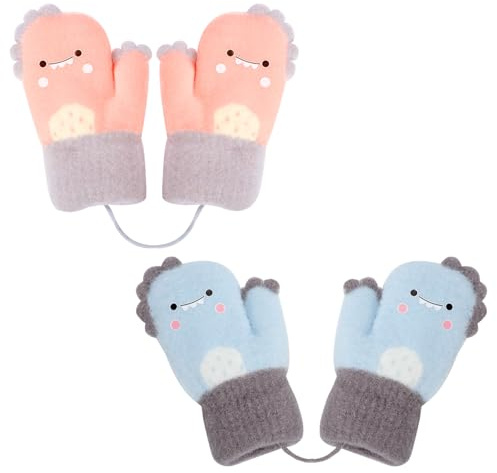 Mayoii Lot de 2 moufles d'hiver chaudes pour bébé de 0 à 4 ans - Moufles extérieures tricotées avec ficelle pour garçons et filles, Rose + bleu., 2-4 ans