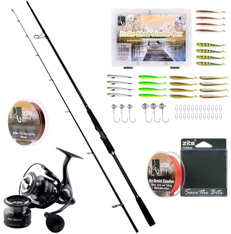 Zite Fishing Inzite Pro Stick Zander Angelset | 225 cm Spinnrute & Spinnig Reel Pro 3000 | 550m monofile & 8-Fach geflochtene Zander-Schnur | Inzite Shad Starterbox