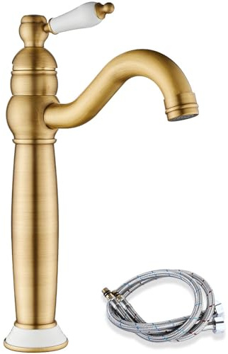 Maynosi Retro Hoch Wasserhahn Bad, Waschtischarmatur mit Keramikhebel, Einhebel Waschbecken Armatur 360°Schwenkbar, Viktorianischer Badezimmer Armatur, Landhausstil, Messing (Antikes Messing)