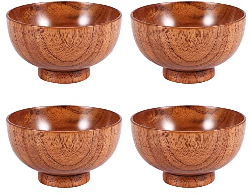 Qusedwey Bol en Bois de Style Japonais Jujube Bol à Riz en Bois Bol à Nouilles Bol en Bois, DiamèTre 4,5 Pouces par 2-5/8 Pouces, pour Riz, Soupe, DéCoration (Moyenne) 4 Paquets