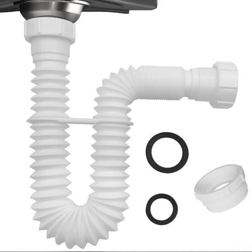 Flexible Sink Drain Pipe P-Trap with Adapter, 1-1/2 and 1-1/4 Inch Compatible, Adjustable 20-80cm Plastic Hose for Kitchen Sink Bathroom Vanity RV Salon Use